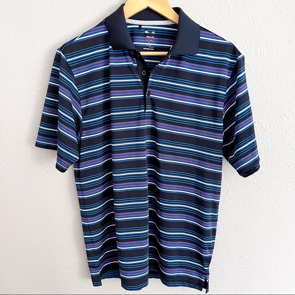 Adidas golf polo shirt, black collar striped tee, small